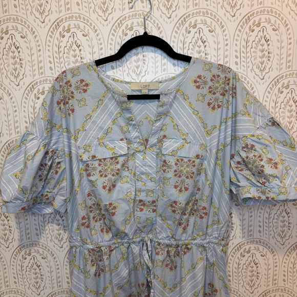 LOFT Blue Floral Midi Dress Puff Sleeves Drawstring Waist Size XL Ann Taylor - Picture 2 of 8